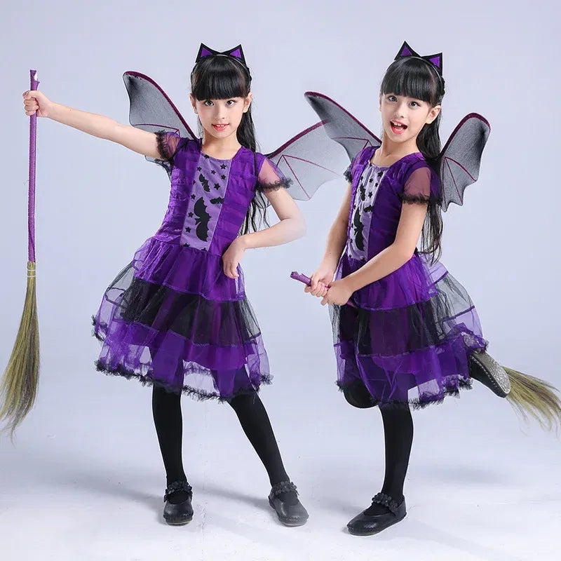 Kid Size: 14, Color: Khaki - Halloween Children Purple Vampire Costume Girls Dress Kids Clothes Baby Bat Spider Party Cosplay Headband +Wing Outfit