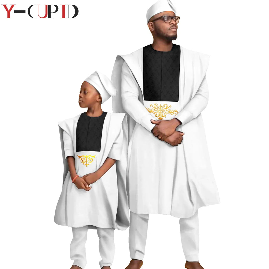Color: MULTI, Size: Mother 6XL - African Clothes for Men Top Pants Robes Hat Sets Match Kid Boy Sets Dashiki Father and Son Bazin Riche Family Outfits Y20F001
