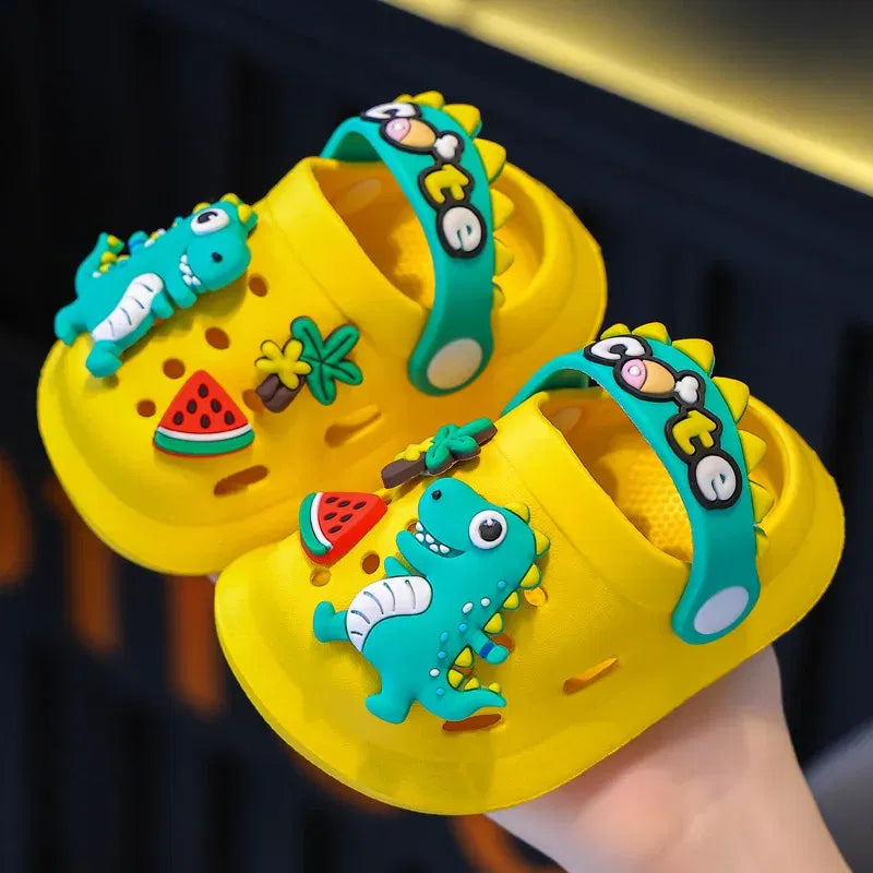 Color: Yellow, Shoe Size: 1 - Summer Childrens Slippers Hole Kids Sandals Soft Anti-Skid Cartoon Dinosaur DIY Design Indoor Anti-Slip Boys Girls Beach Shoes