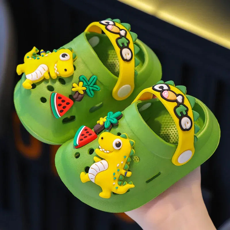 Color: Yellow, Shoe Size: 1 - Summer Childrens Slippers Hole Kids Sandals Soft Anti-Skid Cartoon Dinosaur DIY Design Indoor Anti-Slip Boys Girls Beach Shoes