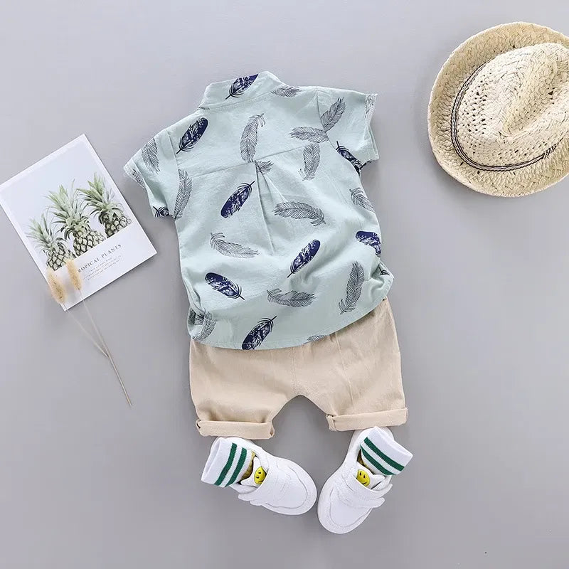 Color: Blue, Kid Size: 24M - 0-3 Year Old Baby Summer Feather Print Shirt Short Sleeve Suit