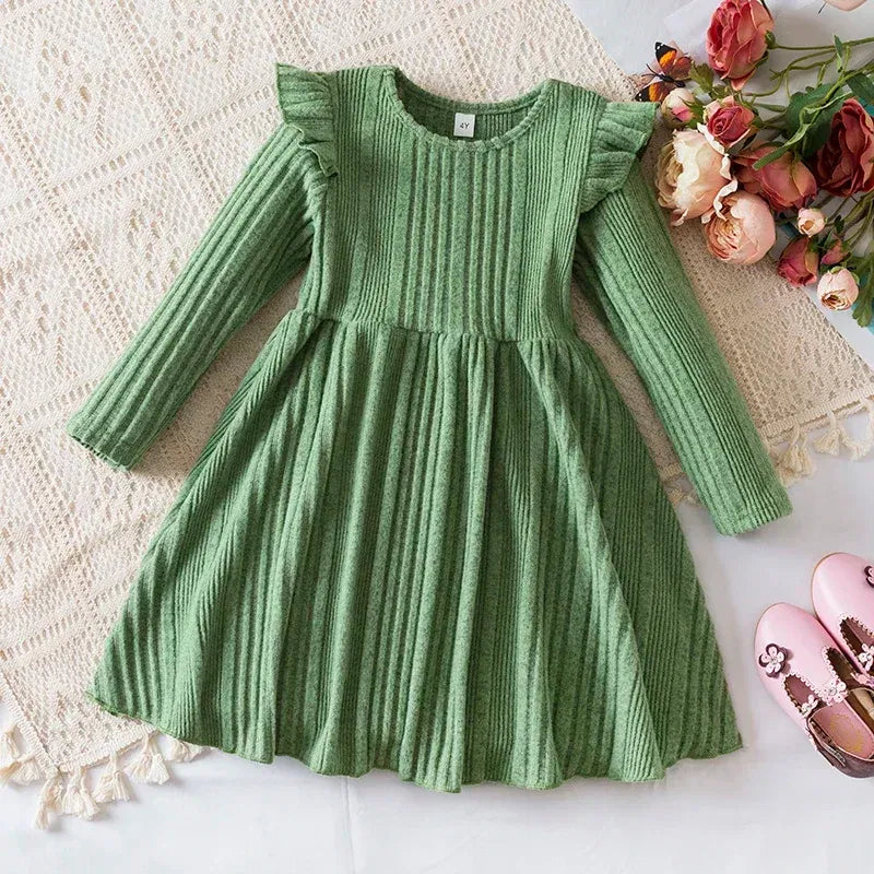 Color: GRAY, Kid Size: 8 - Autumn and Winter Girls Knitted Sweater Dress Solid Color Soft Long Sleeve Dress Children Christmas Costume Birthday Casual Wear