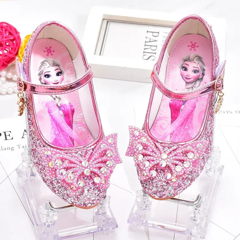 Color: Pink, Shoe Size: 30 - Disney Princess Elsa Leather Shoes Girls' High Heels Shoes Fashion Girls' Crystal Shiny Children's Blue Pink Shoes Size 26-35