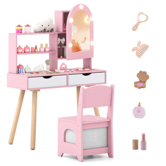 Kids Vanity Set Pretend Play Dressing Table Set with 3-Color Lighting Modes Adjustable Brightness and Mirror Cabinet-Pink - Color: Pink