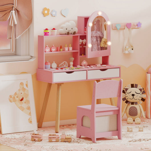Kids Vanity Set Pretend Play Dressing Table Set with 3-Color Lighting Modes Adjustable Brightness and Mirror Cabinet-Pink - Color: Pink