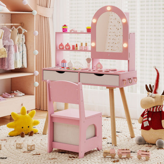 Kids Vanity Set Pretend Play Dressing Table Set with 3-Color Lighting Modes Adjustable Brightness and Mirror Cabinet-Pink - Color: Pink