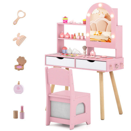 Kids Vanity Set Pretend Play Dressing Table Set with 3-Color Lighting Modes Adjustable Brightness and Mirror Cabinet-Pink - Color: Pink