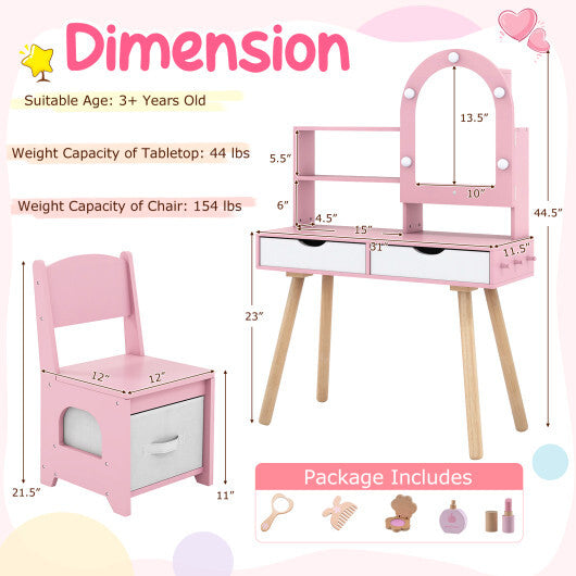 Kids Vanity Set Pretend Play Dressing Table Set with 3-Color Lighting Modes Adjustable Brightness and Mirror Cabinet-Pink - Color: Pink