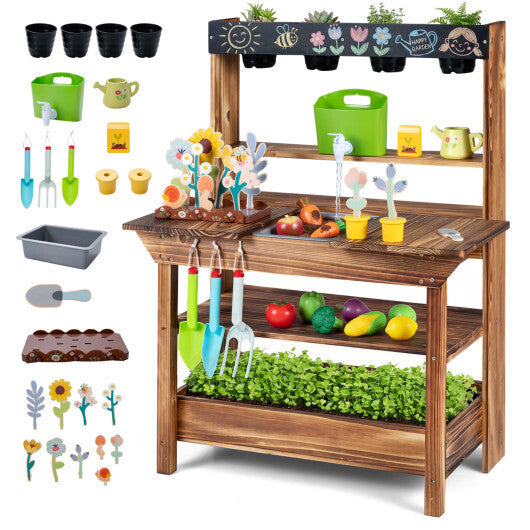 Outdoor Wood Mud Kitchen with Water Faucet and Planter for Kids Age 3+-Brown