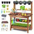 Outdoor Wood Mud Kitchen with Water Faucet and Planter for Kids Age 3+-Brown