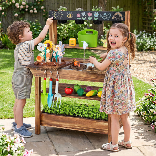 Outdoor Wood Mud Kitchen with Water Faucet and Planter for Kids Age 3+-Brown