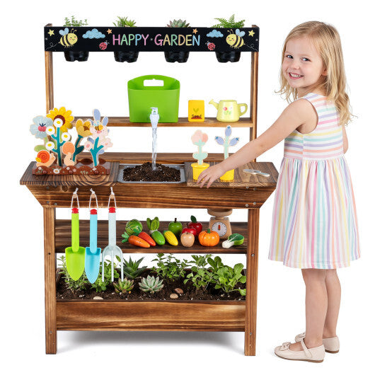 Outdoor Wood Mud Kitchen with Water Faucet and Planter for Kids Age 3+-Brown