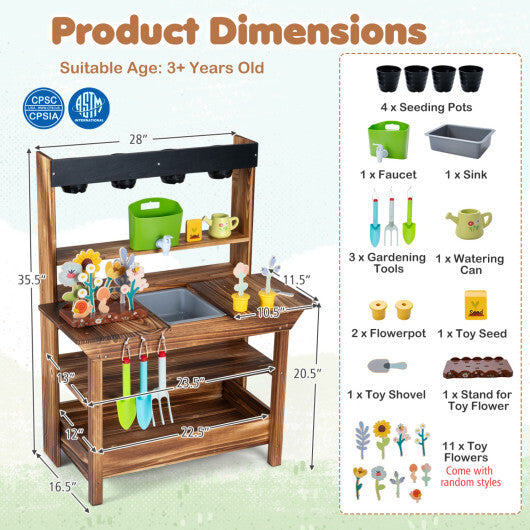 Outdoor Wood Mud Kitchen with Water Faucet and Planter for Kids Age 3+-Brown