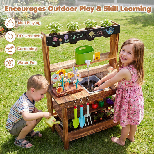Outdoor Wood Mud Kitchen with Water Faucet and Planter for Kids Age 3+-Brown