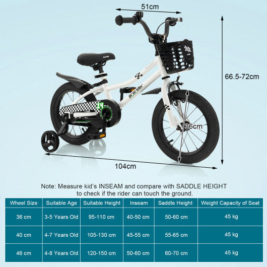 14 Inch Kids Bike with 2 Training Wheels for 3-5 Years Old-Black & White - Color: Black & White