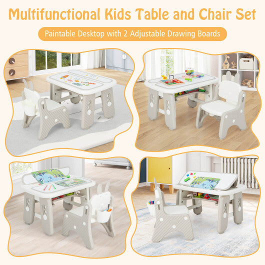 Kids Table and Chair Set with Flip-Top Bookshelf-Gray - Color: Gray