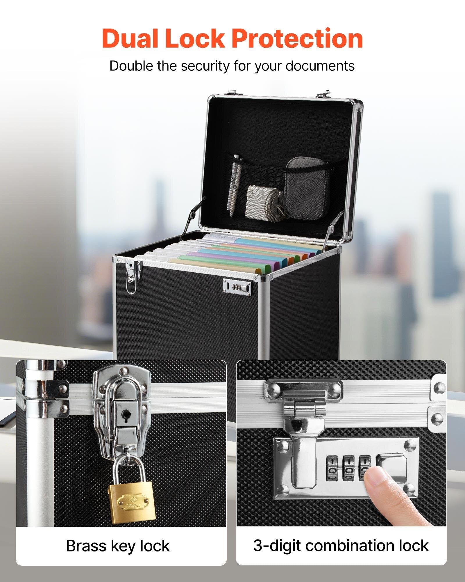 Portable File Storage Box, 15.6 x 12.6 x 15 inch Internal Chest Size, Locking Mobile Business Case with Telescopic Handle, Hand pull File Case for Office Home, Offices, Hospitals, Banks