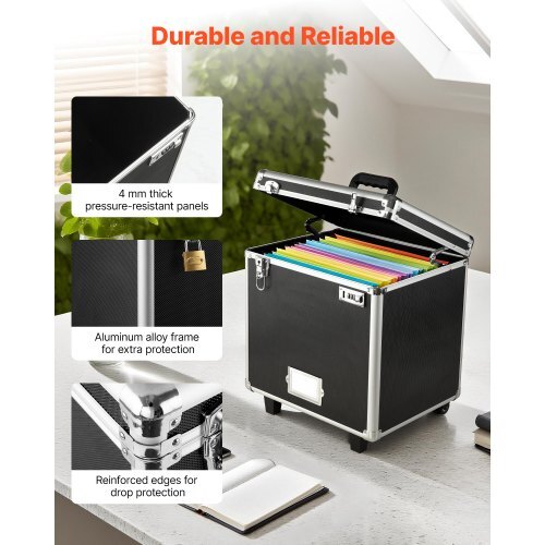 Portable File Storage Box, 15.6 x 12.6 x 15 inch Internal Chest Size, Locking Mobile Business Case with Telescopic Handle, Hand pull File Case for Office Home, Offices, Hospitals, Banks