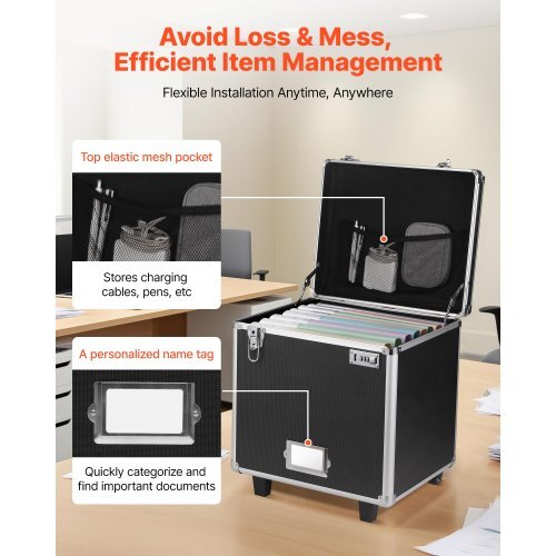 Portable File Storage Box, 15.6 x 12.6 x 15 inch Internal Chest Size, Locking Mobile Business Case with Telescopic Handle, Hand pull File Case for Office Home, Offices, Hospitals, Banks