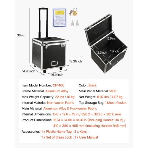 Portable File Storage Box, 15.6 x 12.6 x 15 inch Internal Chest Size, Locking Mobile Business Case with Telescopic Handle, Hand pull File Case for Office Home, Offices, Hospitals, Banks