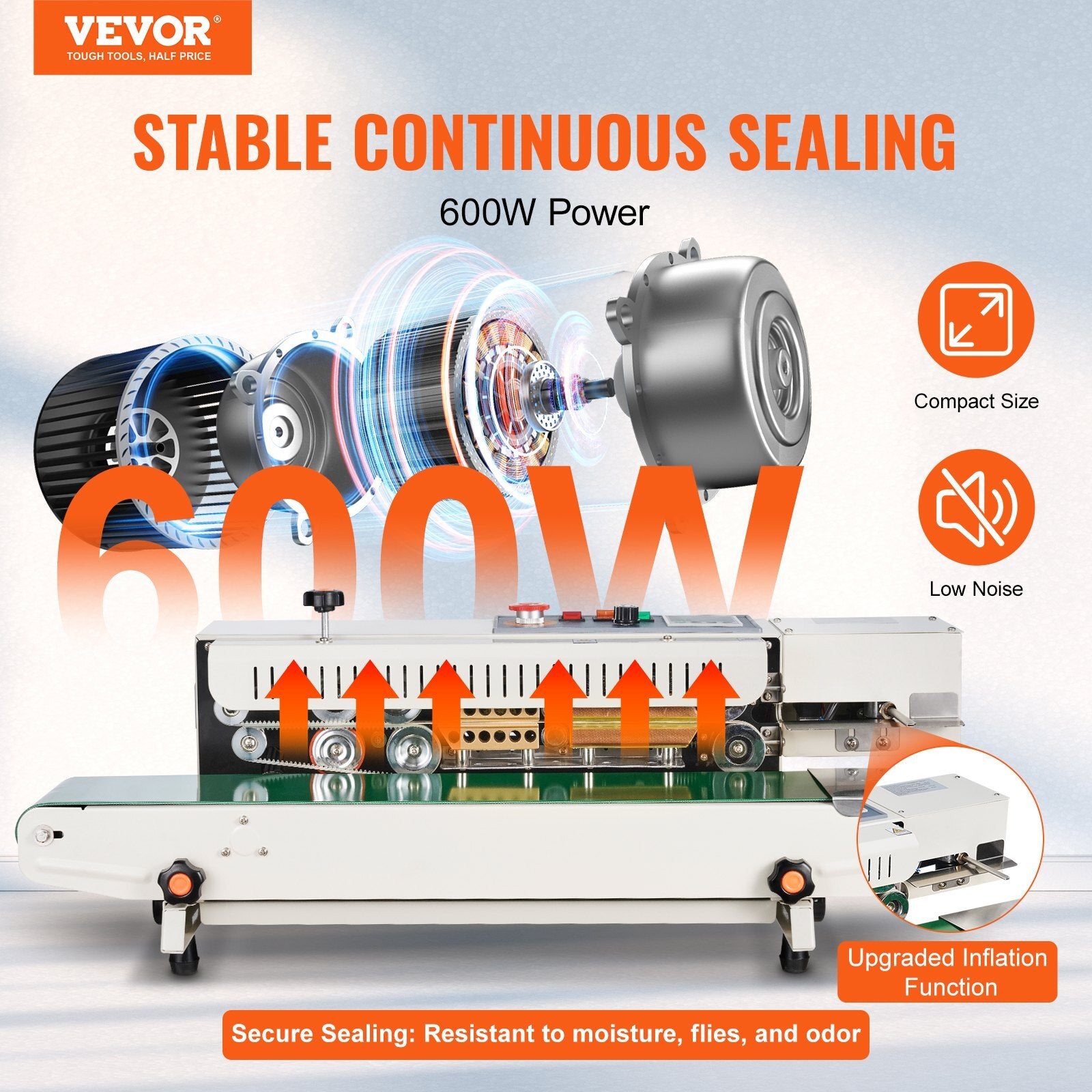 Continuous Bag Band Sealing Machine, 0.24-0.47 in/6-12 mm Seal Width, Horizontal Band Sealer Machine with Digital Temperature Control, Bag Sealer for 0.02-0.8 mm Plastic Bags, Inflation Function