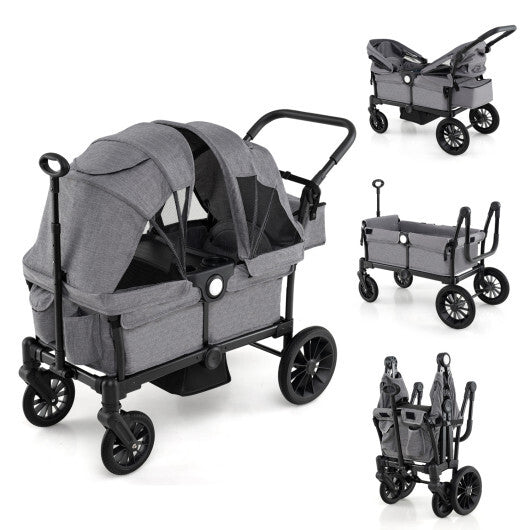 Costway 2 Seater Push Pull Collapsible Kids Wagon Stroller with Adjustable Handlebars-Gray - Color: Gray