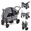 Costway 2 Seater Push Pull Collapsible Kids Wagon Stroller with Adjustable Handlebars-Gray - Color: Gray