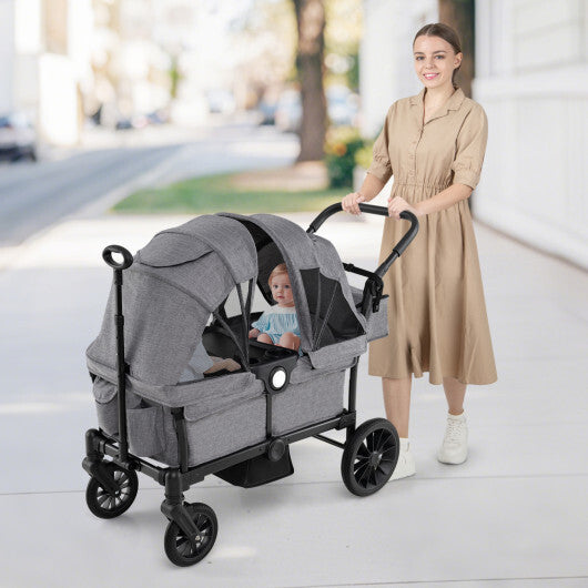 Costway 2 Seater Push Pull Collapsible Kids Wagon Stroller with Adjustable Handlebars-Gray - Color: Gray