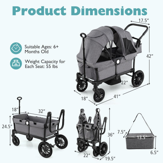 Costway 2 Seater Push Pull Collapsible Kids Wagon Stroller with Adjustable Handlebars-Gray - Color: Gray