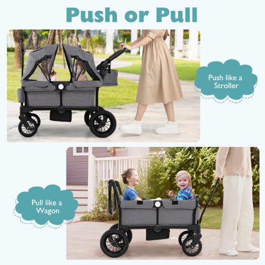 Costway 2 Seater Push Pull Collapsible Kids Wagon Stroller with Adjustable Handlebars-Gray - Color: Gray