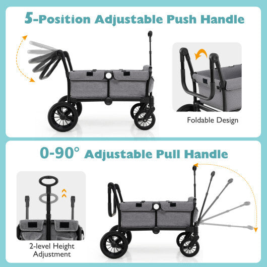Costway 2 Seater Push Pull Collapsible Kids Wagon Stroller with Adjustable Handlebars-Gray - Color: Gray