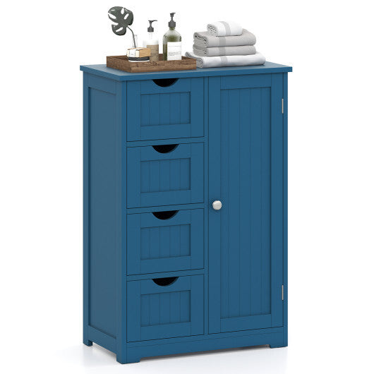 Costway Free-Standing Wooden Cabinet with 4 Drawers and Door Cabinet-Blue
