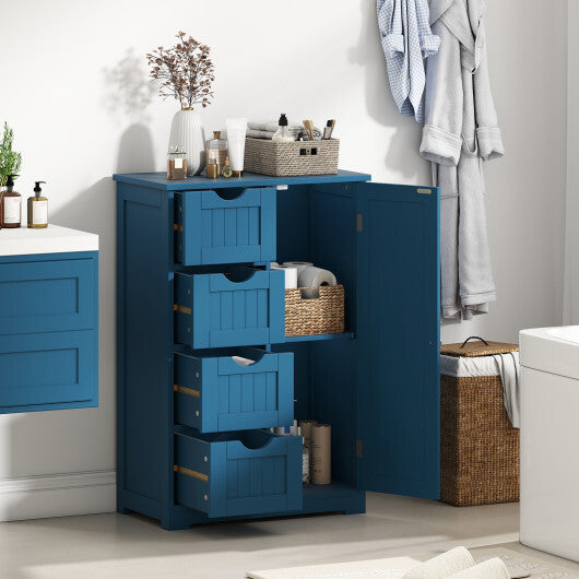 Costway Free-Standing Wooden Cabinet with 4 Drawers and Door Cabinet-Blue