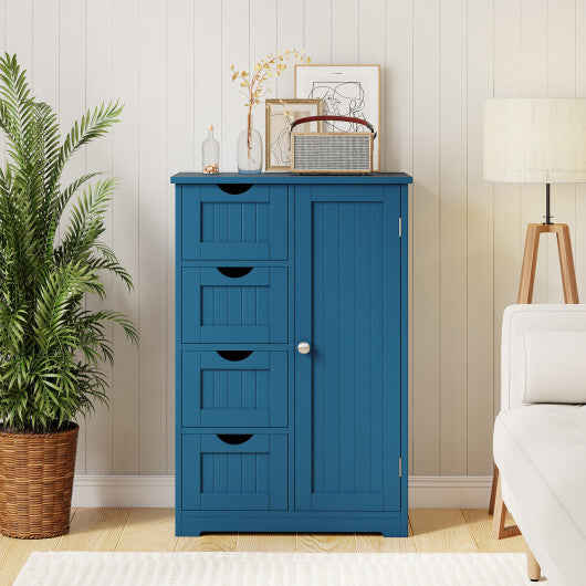 Costway Free-Standing Wooden Cabinet with 4 Drawers and Door Cabinet-Blue
