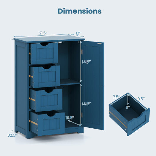 Costway Free-Standing Wooden Cabinet with 4 Drawers and Door Cabinet-Blue