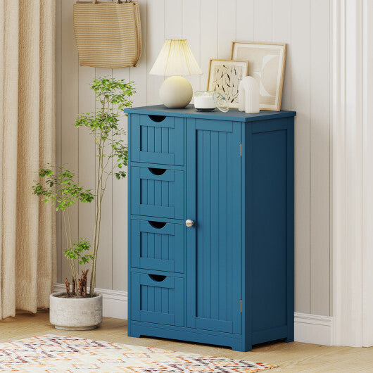 Costway Free-Standing Wooden Cabinet with 4 Drawers and Door Cabinet-Blue