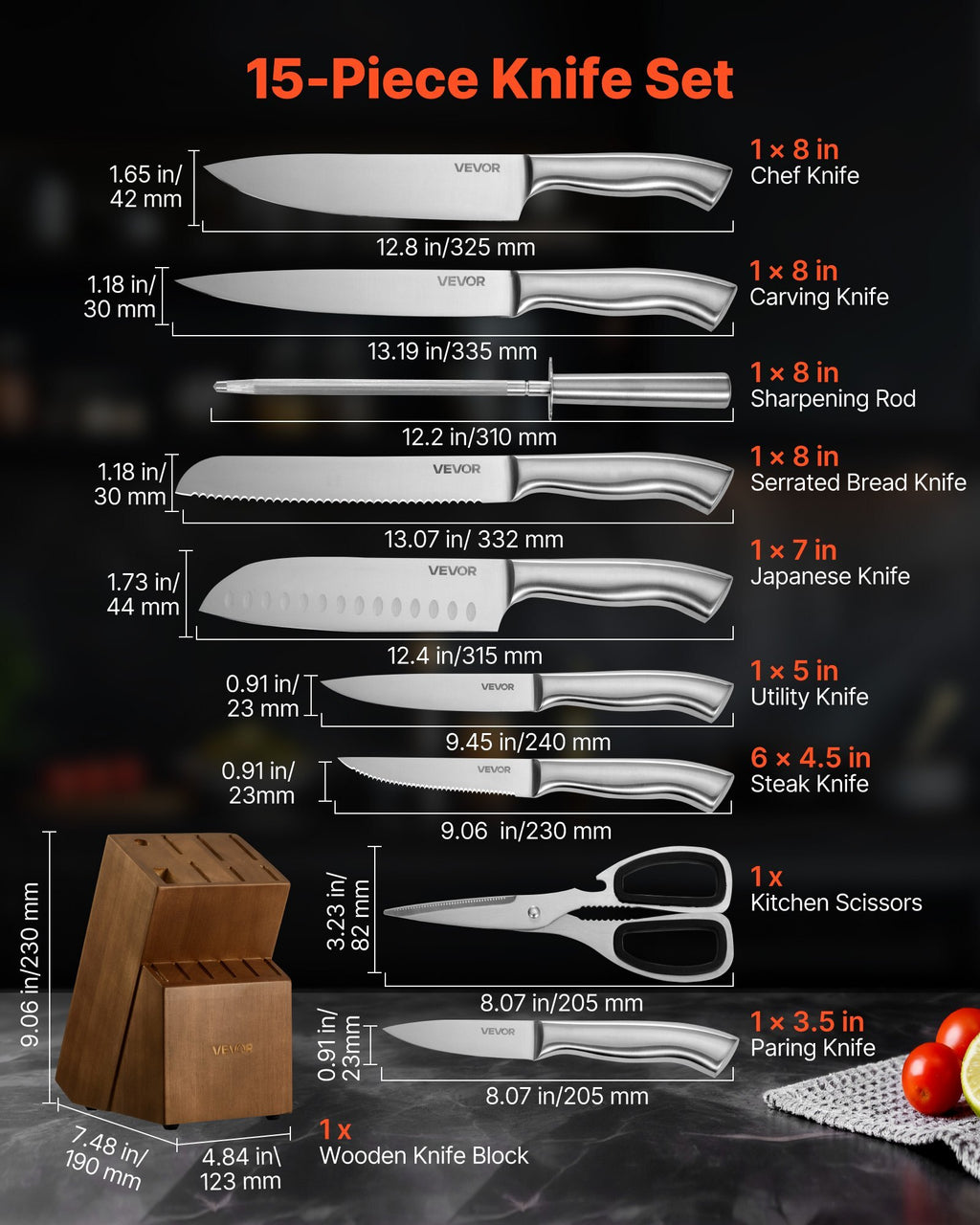 Kitchen Knife Set with Block and Sharpener, 15 Piece German High Carbon Stainless Steel  Sharp Knife Set, Kitchen Cutlery with Ergonomic Handle, Sharpening Rod and Wooden Block, for Home Cooks