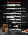Kitchen Knife Set with Block and Sharpener, 15 Piece German High Carbon Stainless Steel  Sharp Knife Set, Kitchen Cutlery with Ergonomic Handle, Sharpening Rod and Wooden Block, for Home Cooks