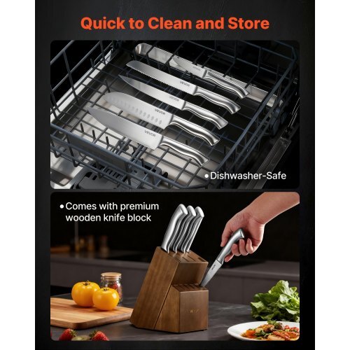 Kitchen Knife Set with Block and Sharpener, 15 Piece German High Carbon Stainless Steel  Sharp Knife Set, Kitchen Cutlery with Ergonomic Handle, Sharpening Rod and Wooden Block, for Home Cooks