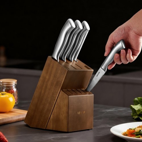 Kitchen Knife Set with Block and Sharpener, 15 Piece German High Carbon Stainless Steel  Sharp Knife Set, Kitchen Cutlery with Ergonomic Handle, Sharpening Rod and Wooden Block, for Home Cooks