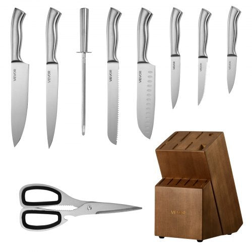 Kitchen Knife Set with Block and Sharpener, 15 Piece German High Carbon Stainless Steel  Sharp Knife Set, Kitchen Cutlery with Ergonomic Handle, Sharpening Rod and Wooden Block, for Home Cooks