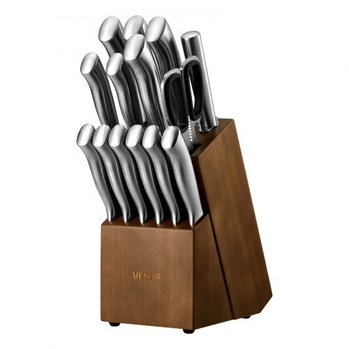 Kitchen Knife Set with Block and Sharpener, 15 Piece German High Carbon Stainless Steel  Sharp Knife Set, Kitchen Cutlery with Ergonomic Handle, Sharpening Rod and Wooden Block, for Home Cooks