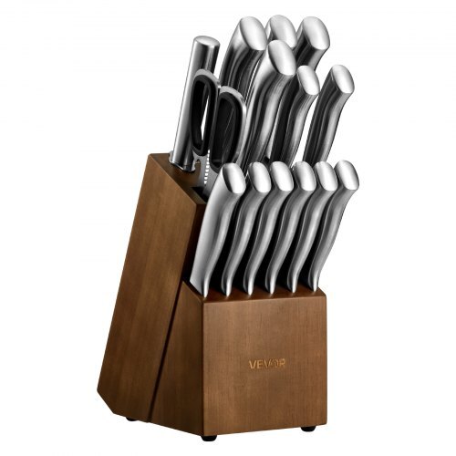 Kitchen Knife Set with Block and Sharpener, 15 Piece German High Carbon Stainless Steel  Sharp Knife Set, Kitchen Cutlery with Ergonomic Handle, Sharpening Rod and Wooden Block, for Home Cooks