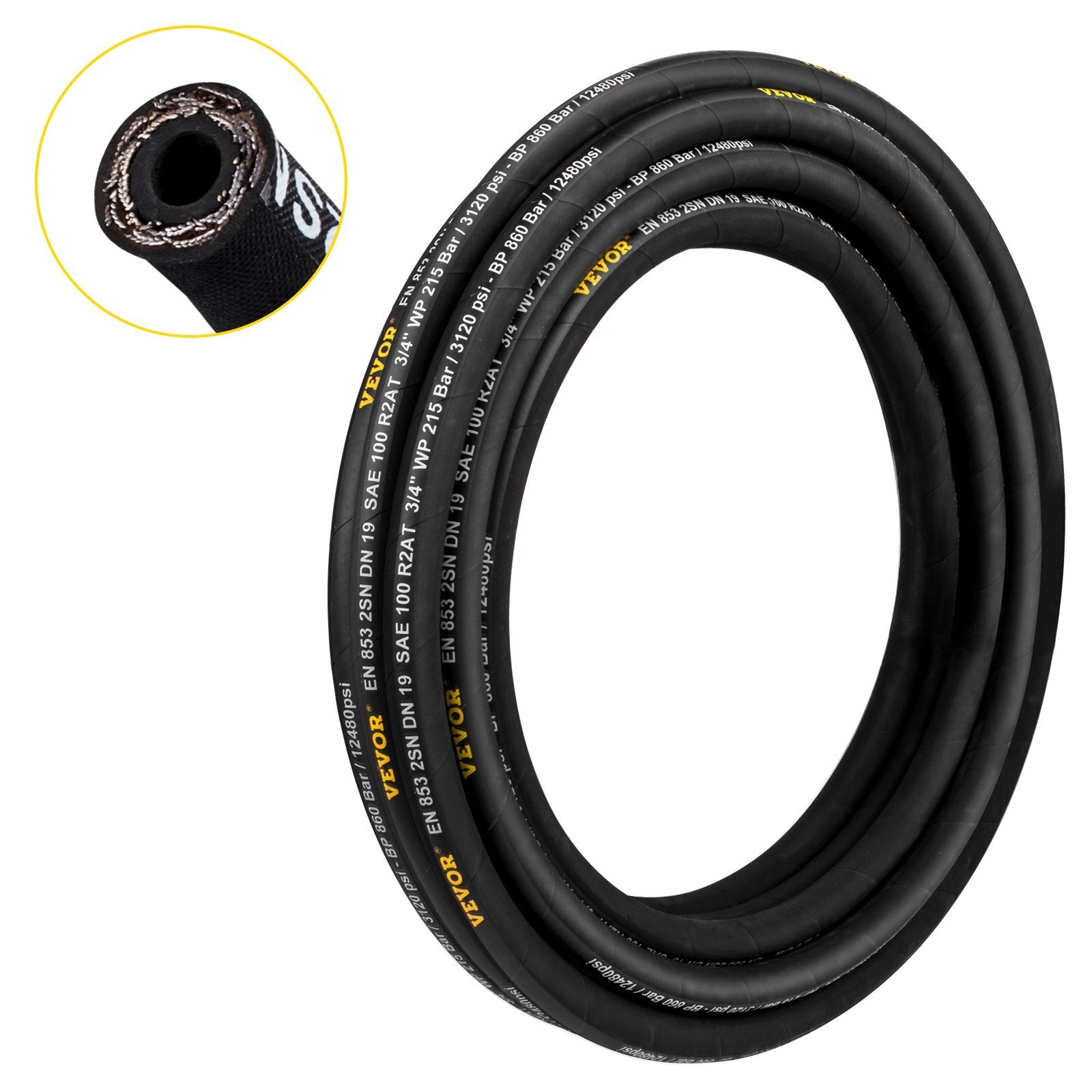 Hydraulic Hose 3/4 inch x 50 ft, Coiled Hydraulic Hose 3120 PSI, Rubber Hydraulic Hose with 2 High-Tensile Steel Wire Braid, Bulk Hydraulic Hose -20?? to 140??, Hydraulic Oil Flexible Hose