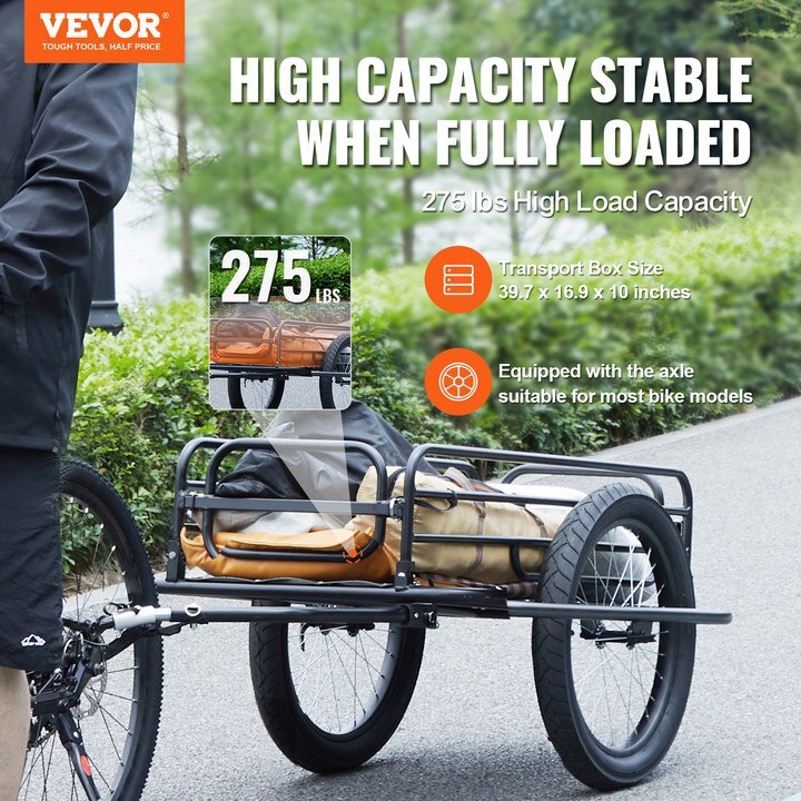 Bike Cargo Trailer, 275 lbs Load Capacity, Heavy-Duty Bicycle Wagon Cart, Foldable Compact Storage & Quick Release with Universal Hitch, 20" Wheels, Fits Most Bike Wheels, Carbon Steel Frame