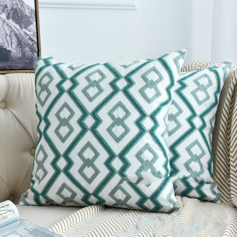 Lake Green Cotton Canvas Geometric Wool Pillow Cases