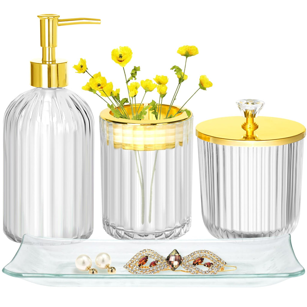Bathroom Accessories Set 4Pcs Clear and Gold Glass Bathroom Accessories Sets Complete w/Lotion Soap Dispenser Toothbrush Holder Apothecary Jar Vanity Tray Bathroom Decor