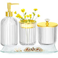 Bathroom Accessories Set 4Pcs Clear and Gold Glass Bathroom Accessories Sets Complete w/Lotion Soap Dispenser Toothbrush Holder Apothecary Jar Vanity Tray Bathroom Decor