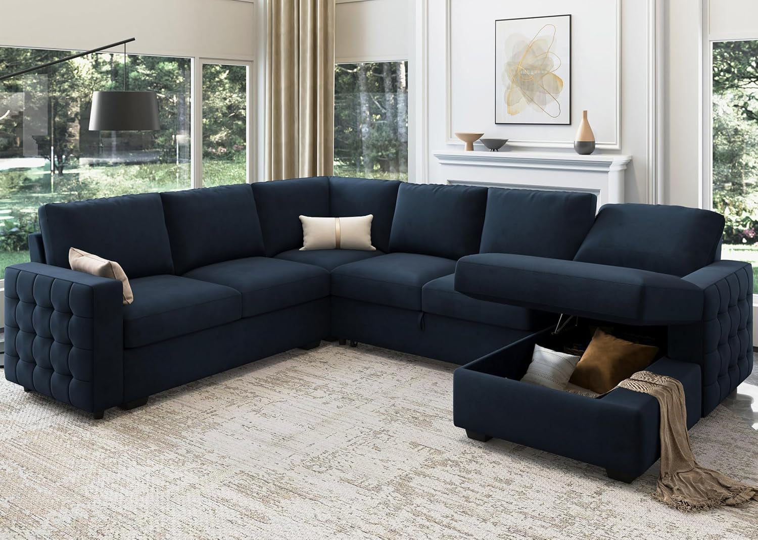 Blue Velvet U Shaped Sleeper Sofa With Pull Out Bed