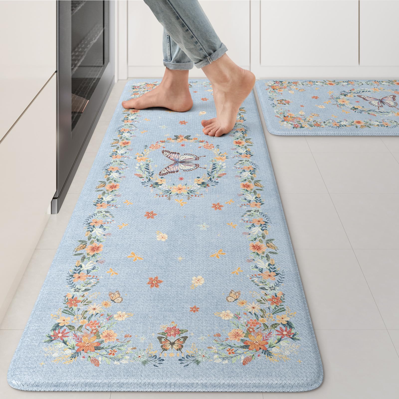 KIMODE Floral Cushion Kitchen Mat Set 2PC